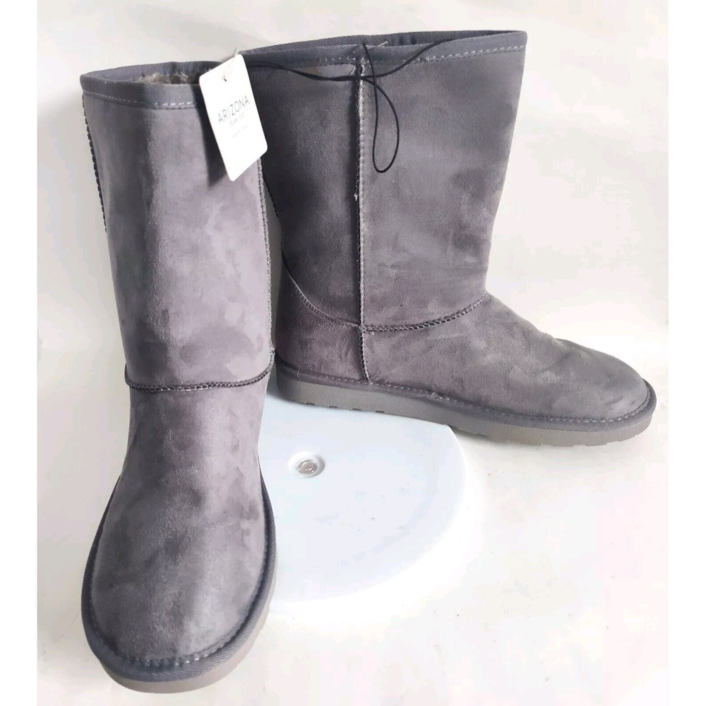 New Arizona Boots 10 Flat Faux Suede Short Classic Vegan Fur Lined NWT Gray Cozy